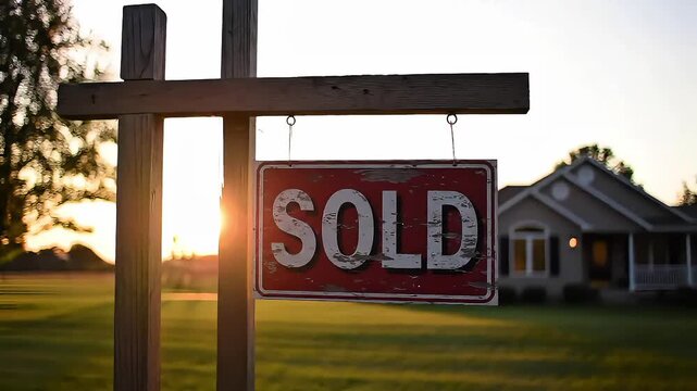 Sold sign on a wooden post overlooks a  sunlit yard with cozy peaceful house in the warm sunset glow