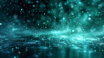 Abstract teal glitter sparkles on a dark reflective surface creating a magical and dreamy atmosphere