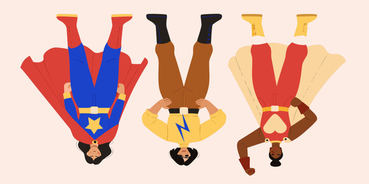 Diverse group of female superheroes flying upside down together