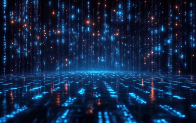 Futuristic digital data streams with glowing blue and orange lights falling vertically over a reflective floor, creating a high-tech immersive environment