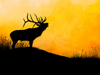This wildlife silhouette artwork features a majestic elk, a deer, and a fawn standing in a peaceful forest at sunset. The warm watercolor background creates a calm and natural atmosphere, perfect for 