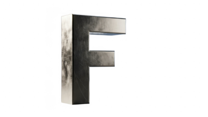 A realistic 3d rendered metallic letter f with a rough textured surface isolated on transparent background