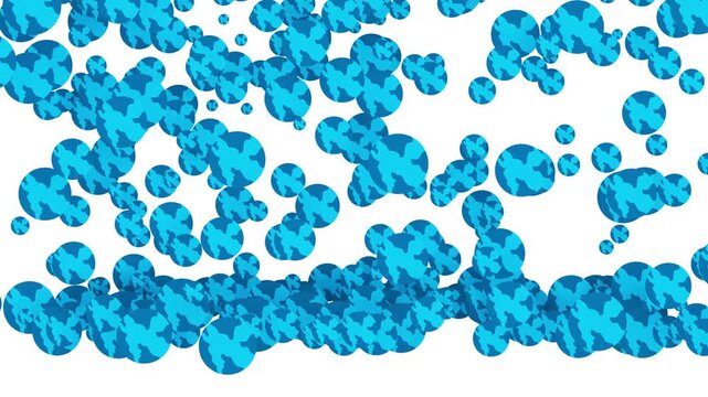 Blue camouflage pattern circles falling and piling up on white background. Abstract military style textured spheres animation filling the screen for army or tactical design transition.