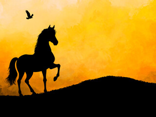 This illustration features a bold black silhouette of a wild horse standing on a hill against a vibrant orange watercolor sunset. The soft textured sky and natural landscape create a calm and atmosphe