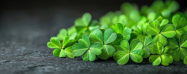 Close-up of vibrant green clover leaves with natural light on dark textured surface evoking freshness and tranquility