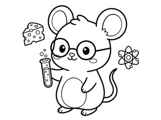 Cartoon Mouse Scientist with Cheese and Atom.