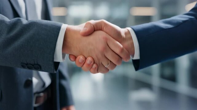 A close-up shot of two people in suits shaking hands, a visual of agreement and partnership