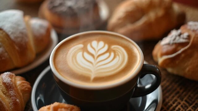 A close-up showcases a latte with art and various pastries, evoking warmth and indulgence