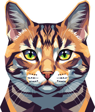 Portrait of a Bengal Cat's Face with Striking Green Eyes, Rendered in the Vibrant WPAP Style