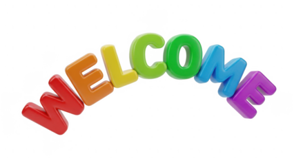 Colorful 3d text letters spelling out welcome in a rainbow arc isolated on transparent background