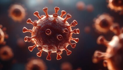Close-up 3D rendering of a spherical virus particle with spike proteins protruding against a blurred dark background