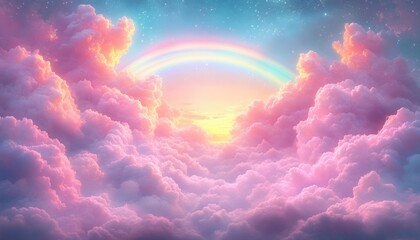 Fototapeta premium Vibrant pastel pink clouds surrounding a glowing sunrise or sunset with a bright rainbow arching over a dreamy starry sky