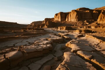 Desert landscape with cracked earth and sandstone cliffs under a clear sky
