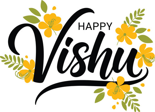 Happy Vishu floral script typography vector .