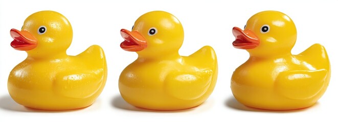 Three yellow rubber ducks in a row on a white background.