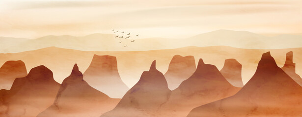 Landscape art background in brown tones with mountains, hills, and a canyon. Natural vector landscape for decor, prints, textiles, posters, wallpaper, and interior design.