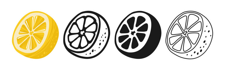 A half a lemon. Cartoon style lemon slices symbol cartoon set. Bright fresh design perfect for logo, sign, icon, branding. Citrus fruit sign icon for summer, juice healthy lifestyle themes vector
