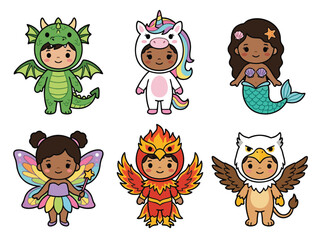 Cute Children in Mythical Creature Costumes Illustration.