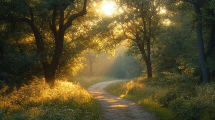Sunlight filtering through trees onto a winding forest path surrounded by lush green foliage creating a serene and peaceful atmosphere