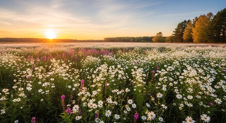 Dreamy daisy meadow at sunrise radiates peace and joy in the golden light