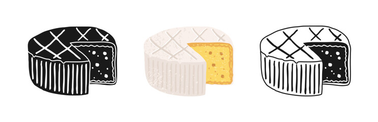 Camembert soft Cheese, fatty French food made from cow's milk. A piece of cheese linear doodle icon, illustration and simple stylized symbols set. Vector fun colorful design for food or dairy projects