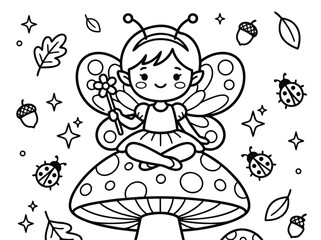 Cute Fairy Sitting on Mushroom Coloring Page.