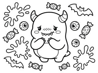 Cute Halloween Monster with Candy and Bats.