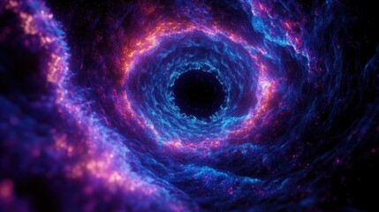 Vibrant cosmic tunnel or vortex with swirling glowing blue and purple nebula clouds surrounding a dark central void, evoking mystery and depth