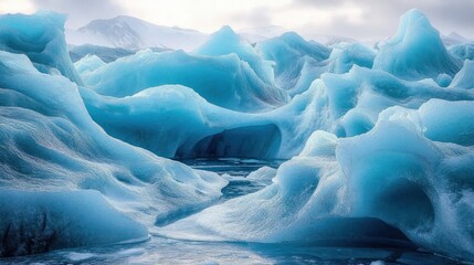 Vibrant blue ice formations with smooth curves surrounding a small frozen water passage under overcast sky and distant snow-capped mountains