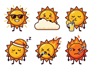 Cute Sun Character Emoticons with Various Expressions.