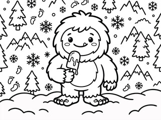 Cute Yeti Enjoying Ice Cream in Winter Wonderland.