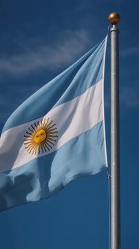 argentinian flag argentina waving in the wind at blue sky