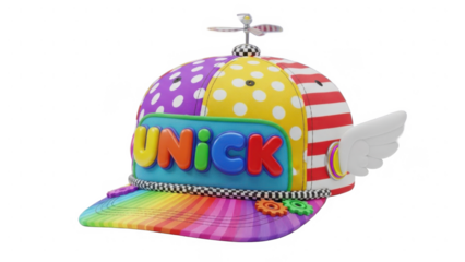 Whimsical colorful patchwork baseball cap ornament with wings and propeller isolated on transparent background