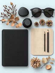 Black Sunglasses and Stationery Arranged on Light Blue Surface