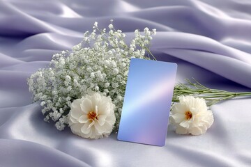 Blank Card with Flowers on Silk Fabric