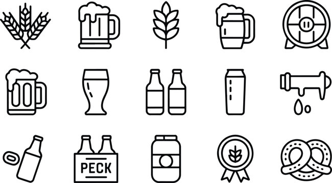 Beer related outline icons set black and white