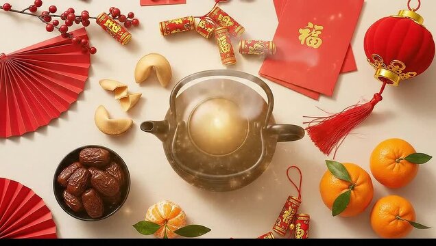 Overhead view of festive arrangement with red objects and fruit