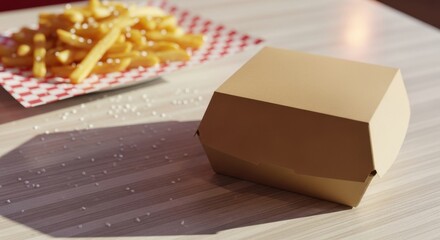 A brown paper food box sits on a wooden table next to a plate of fries.