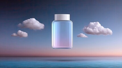 Bottle Floating with Clouds and Ocean