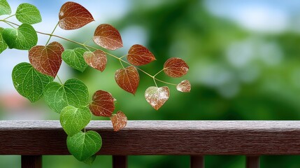Branch with green and brown leaves on wooden railing