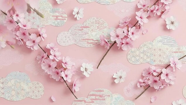 Pink cherry blossoms and clouds aesthetic floral pattern background