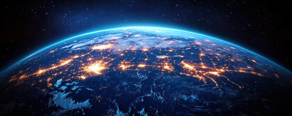 View of Earth from space showing city lights glowing brightly on the dark nighttime surface with a thin blue atmospheric layer and stars in the background, evoking awe and wonder