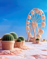Cactus Plants and Ferris Wheel on Surreal Landscape