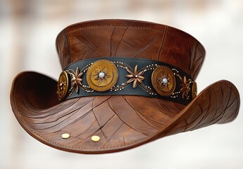 brown leather cowboy hat with decorative black band featuring star and circular metal embellishments on a blurred background
