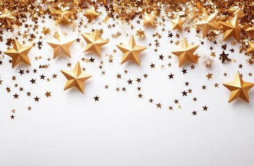 golden three-dimensional stars and small star-shaped confetti scattered on a white background creating a festive and celebratory atmosphere