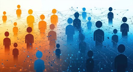 Abstract digital illustration of interconnected orange and blue human figures symbolizing network communication and social connectivity