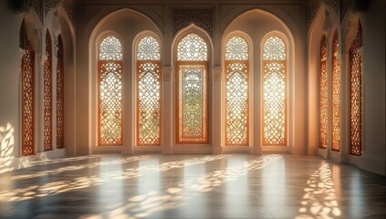 Interior view of an elegant room with tall arched windows featuring intricate lattice designs casting ornate shadows on a polished floor during sunset
