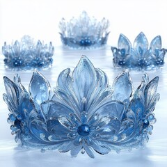 Elegant translucent blue floral tiaras arranged on a reflective white surface evoking a delicate and serene atmosphere