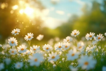 Sunlit field of white daisies with soft focus and magical sparkling light in a bright and serene natural setting