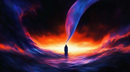 Silhouette of a person standing amidst swirling colorful clouds with a vibrant stream of light or energy emanating from their head creating a surreal and mystical atmosphere